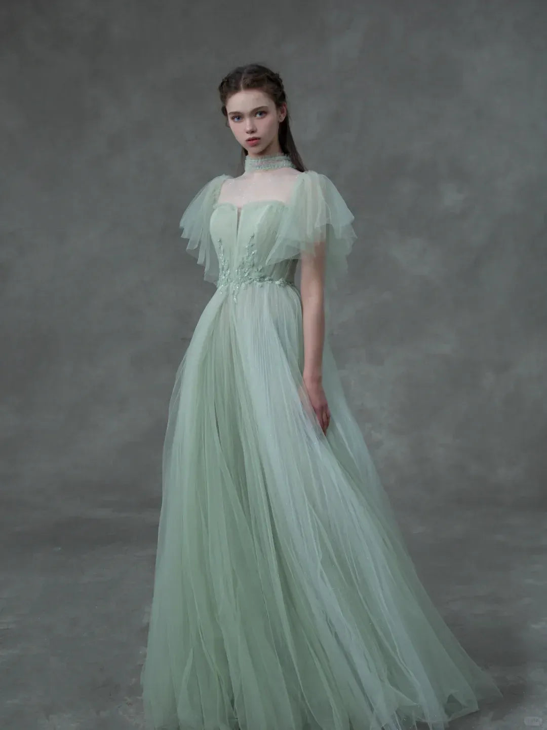 Sage Green Tulle High-Low Gown – Ruffle Sleeve Embellished Formal Dress