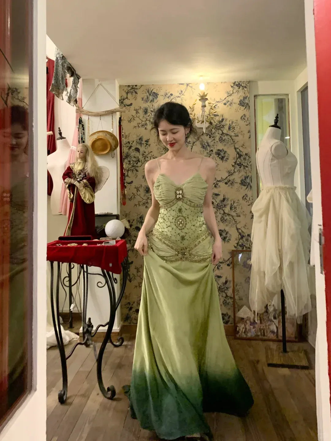 Sage to Emerald Green Beaded Gradient Satin Maxi Gown