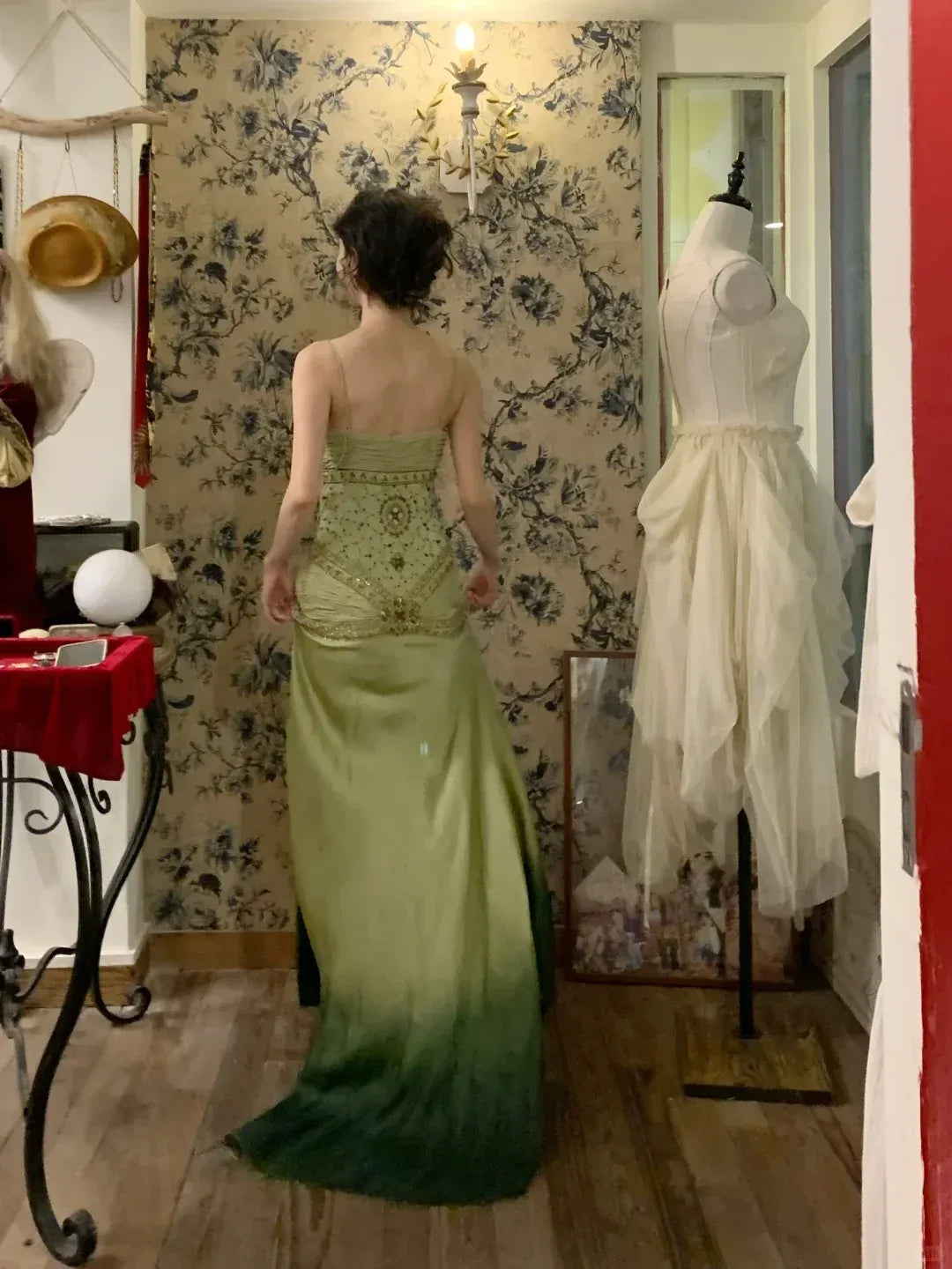 Sage to Emerald Green Beaded Gradient Satin Maxi Gown