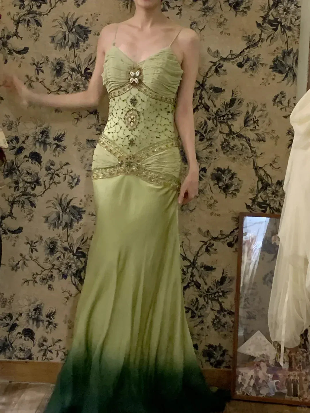 Sage to Emerald Green Beaded Gradient Satin Maxi Gown