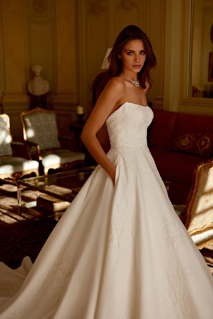 Satin A-Line Gown with Embroidered Lace and Chapel Length Train Wedding Dresses