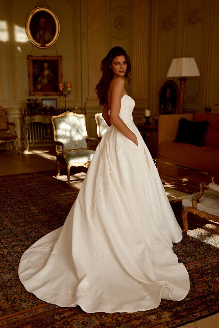 Satin A-Line Gown with Embroidered Lace and Chapel Length Train Wedding Dresses