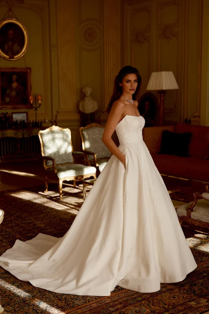 Satin A-Line Gown with Embroidered Lace and Chapel Length Train Wedding Dresses