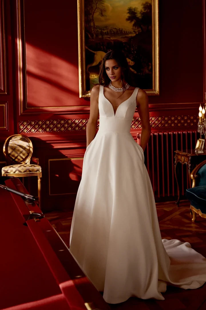 Satin A-Line Gown with Plunging V-Neckline Wedding Dresses