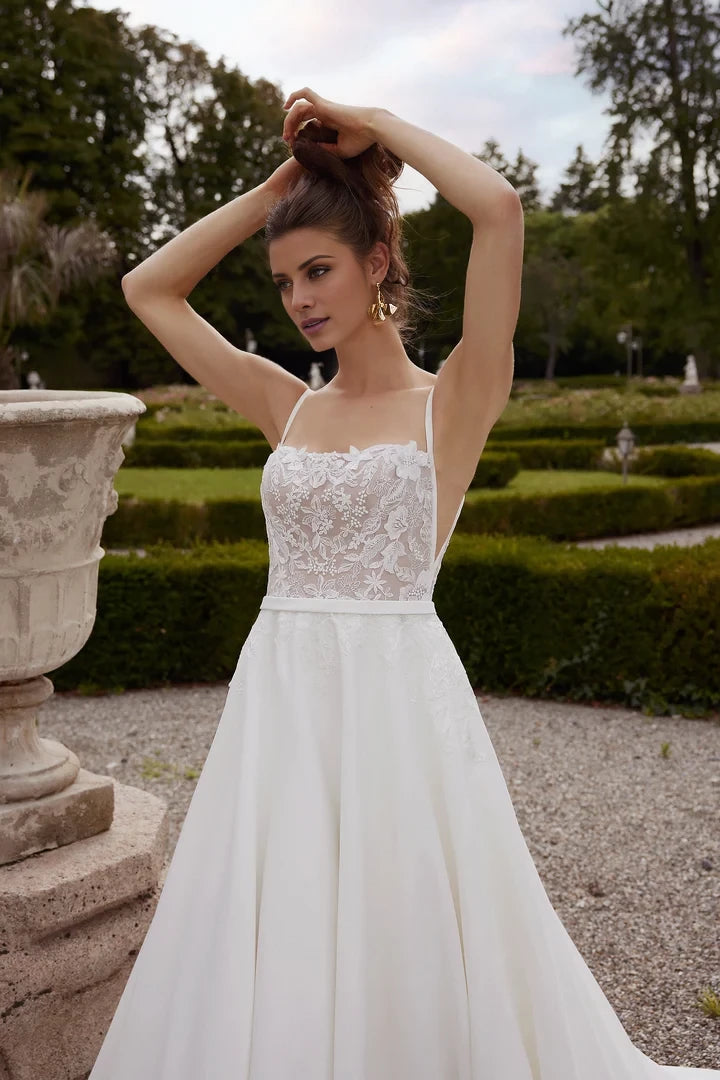 Satin A-Line Gown with Square Neckline and Lace Bodice Wedding Dresses