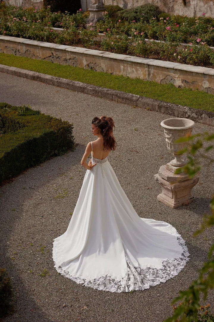 Satin A-Line Gown with Square Neckline and Lace Bodice Wedding Dresses