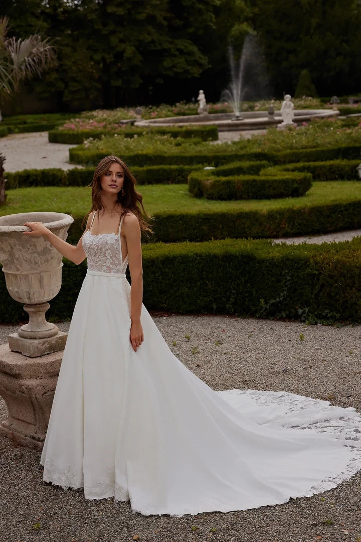 Satin A-Line Gown with Square Neckline and Lace Bodice Wedding Dresses