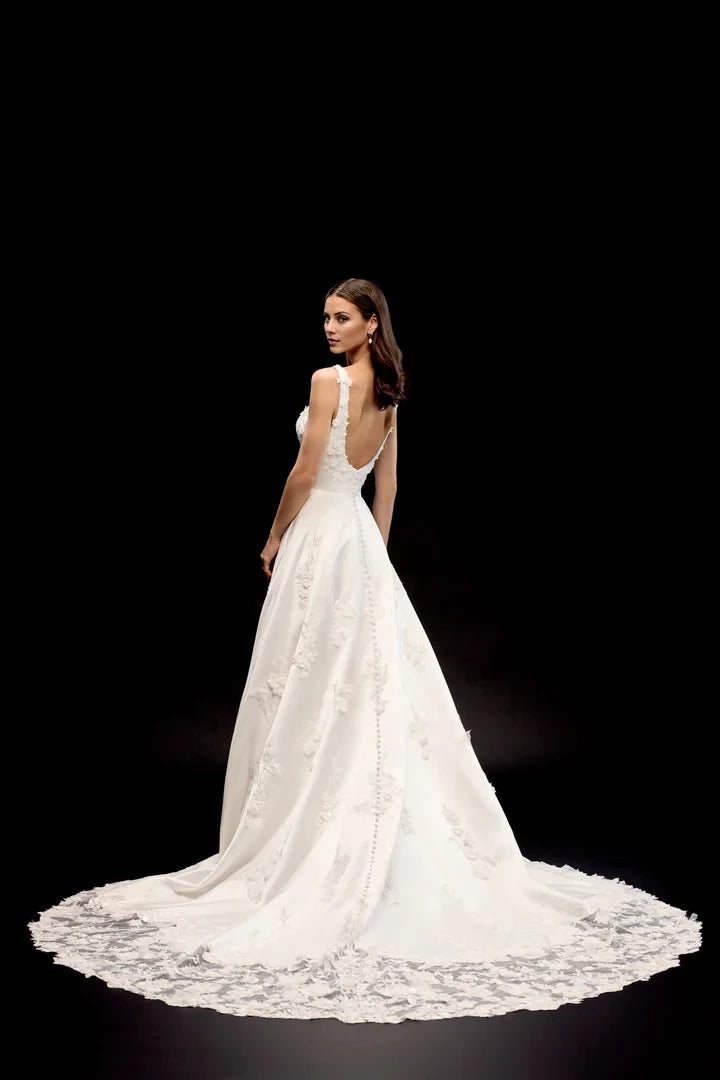 Satin A-Line Gown with Square Neckline and Statement Cathedral Train Wedding Dresses