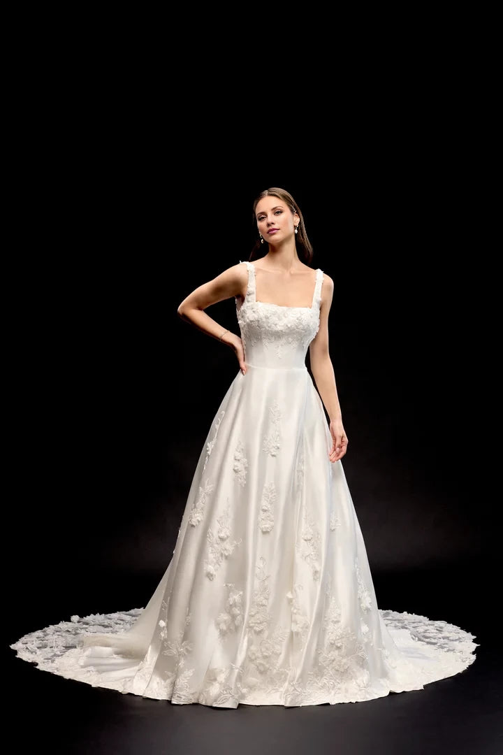Satin A-Line Gown with Square Neckline and Statement Cathedral Train Wedding Dresses