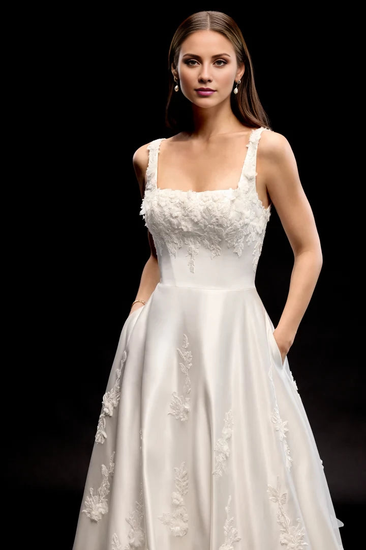 Satin A-Line Gown with Square Neckline and Statement Cathedral Train Wedding Dresses
