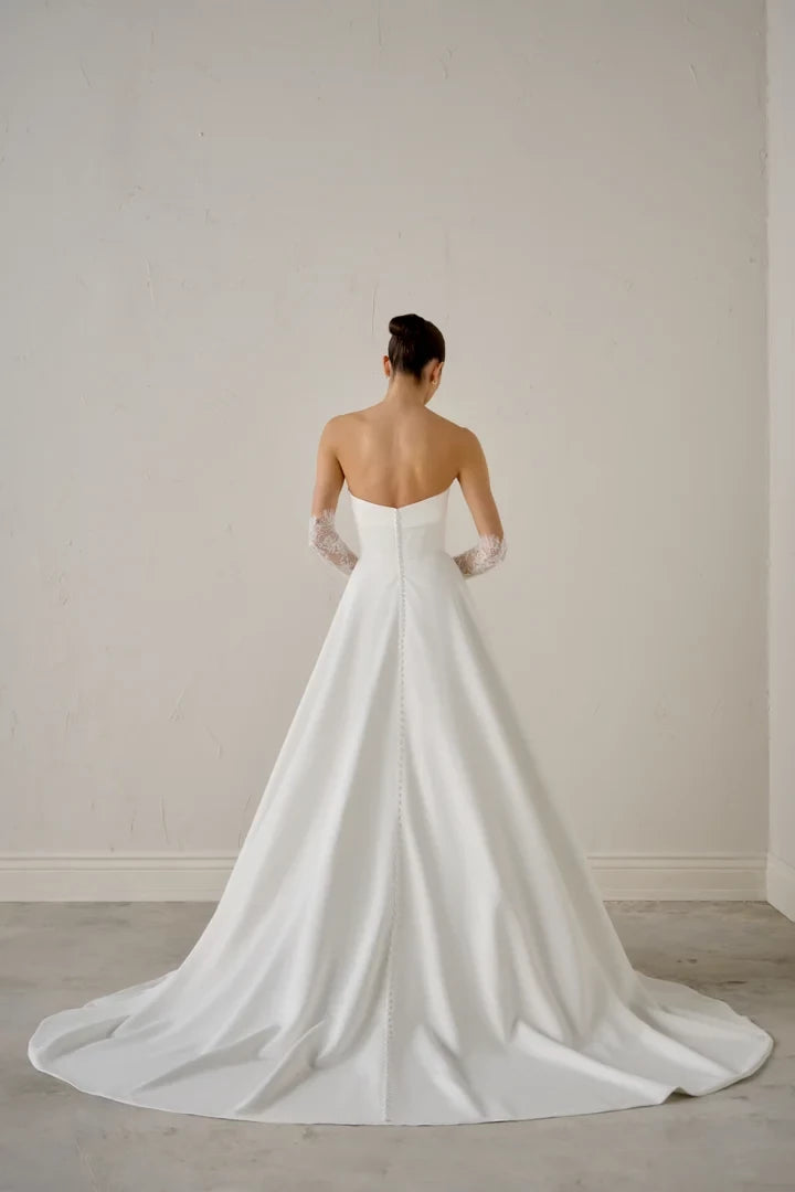 Satin A-Line Gown with Strapless Asymmetrical Cuff Neckline Wedding Dresses