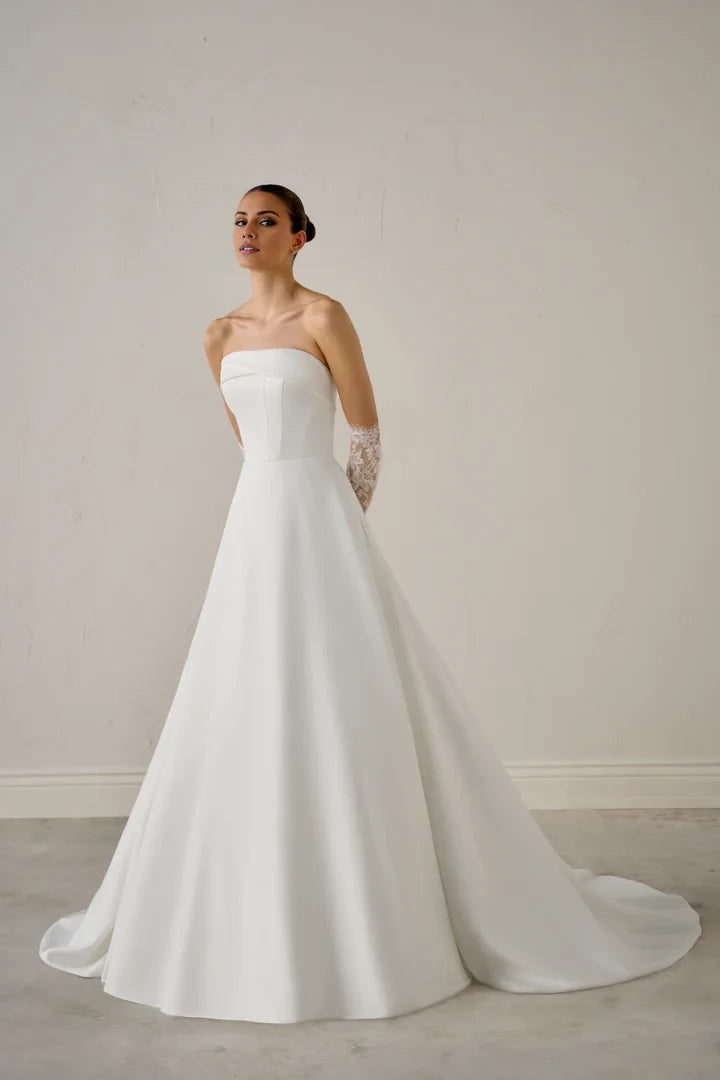 Satin A-Line Gown with Strapless Asymmetrical Cuff Neckline Wedding Dresses
