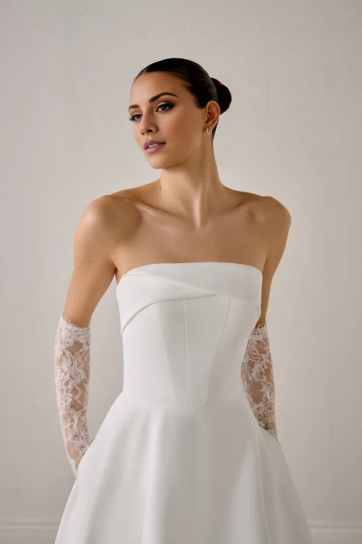 Satin A-Line Gown with Strapless Asymmetrical Cuff Neckline Wedding Dresses