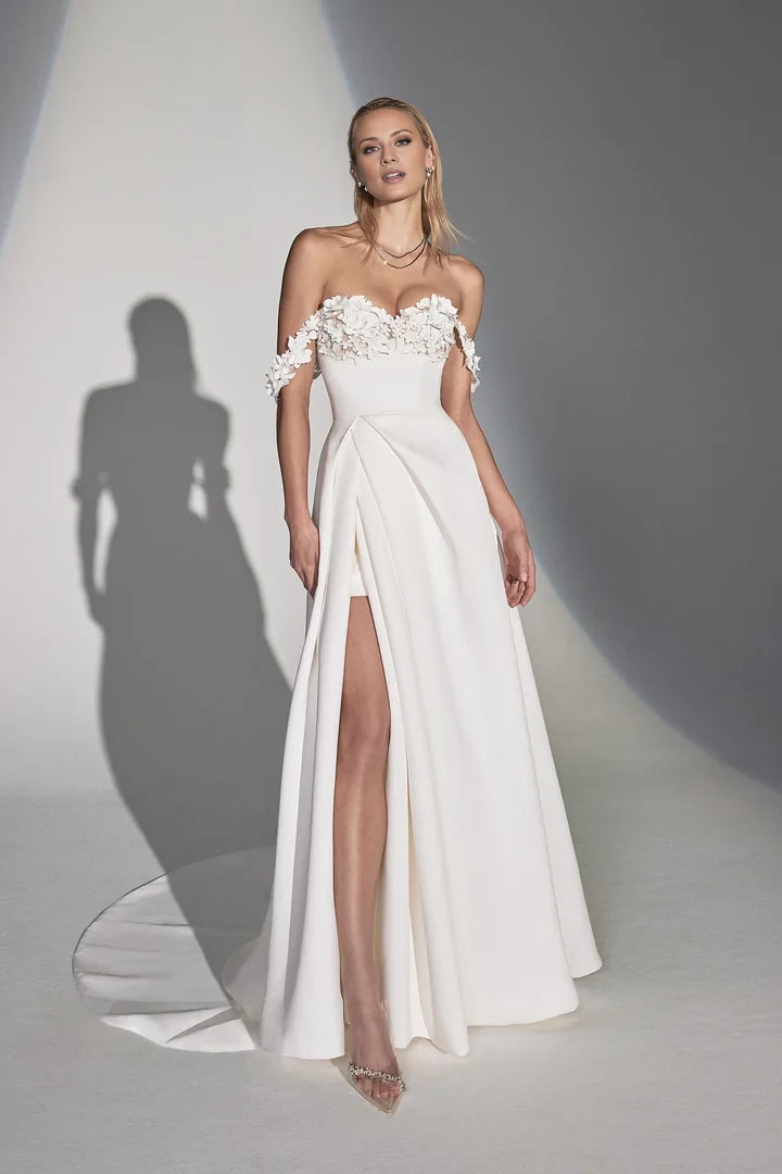Satin A-Line Wedding Gown with 3D Laser Cut Flowers and Slit Wedding Dresses