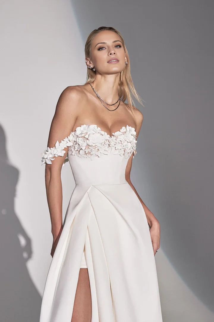 Satin A-Line Wedding Gown with 3D Laser Cut Flowers and Slit Wedding Dresses