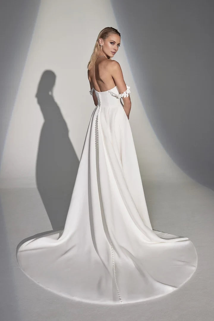 Satin A-Line Wedding Gown with 3D Laser Cut Flowers and Slit Wedding Dresses