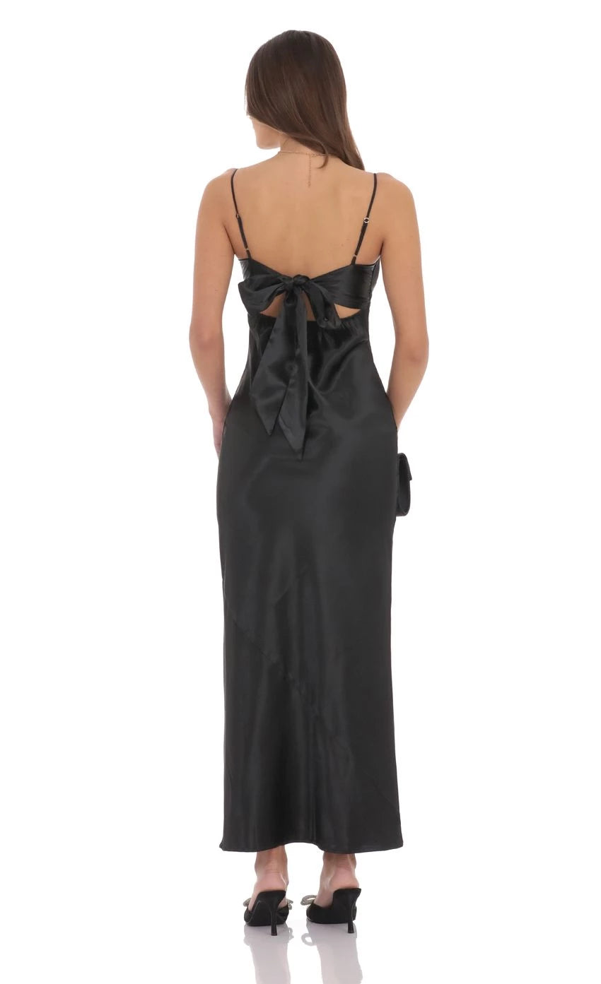 Satin Back Tie Maxi Dress Prom Dresses