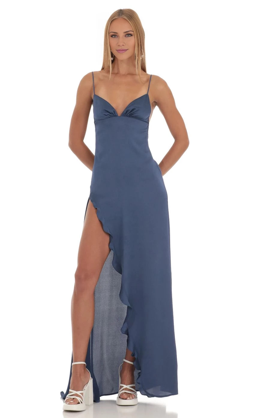 Satin Backless Ruffle Maxi Dress Prom Dresses