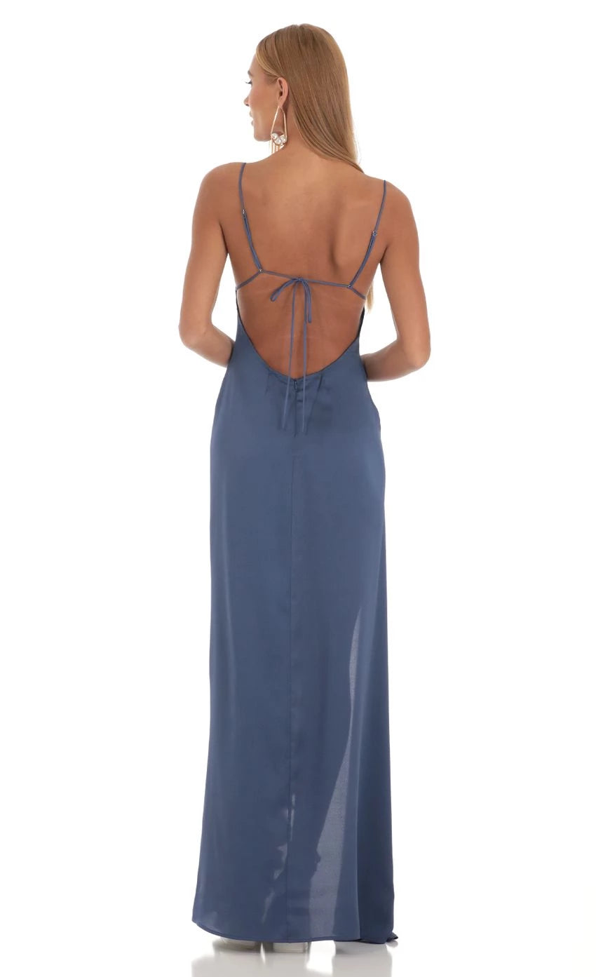 Satin Backless Ruffle Maxi Dress Prom Dresses