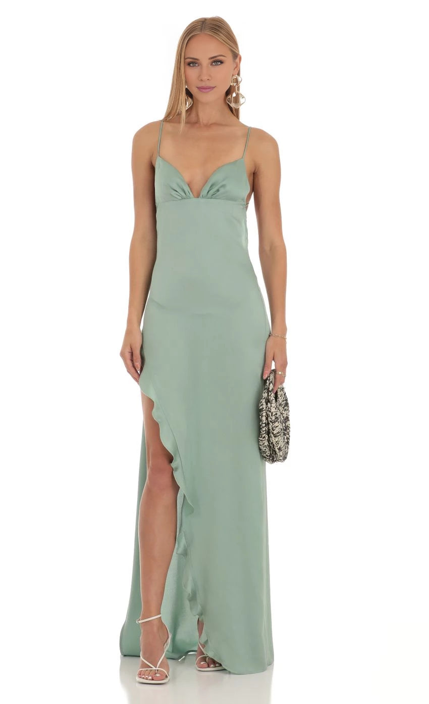 Satin Backless Ruffle Maxi Dress Prom Dresses