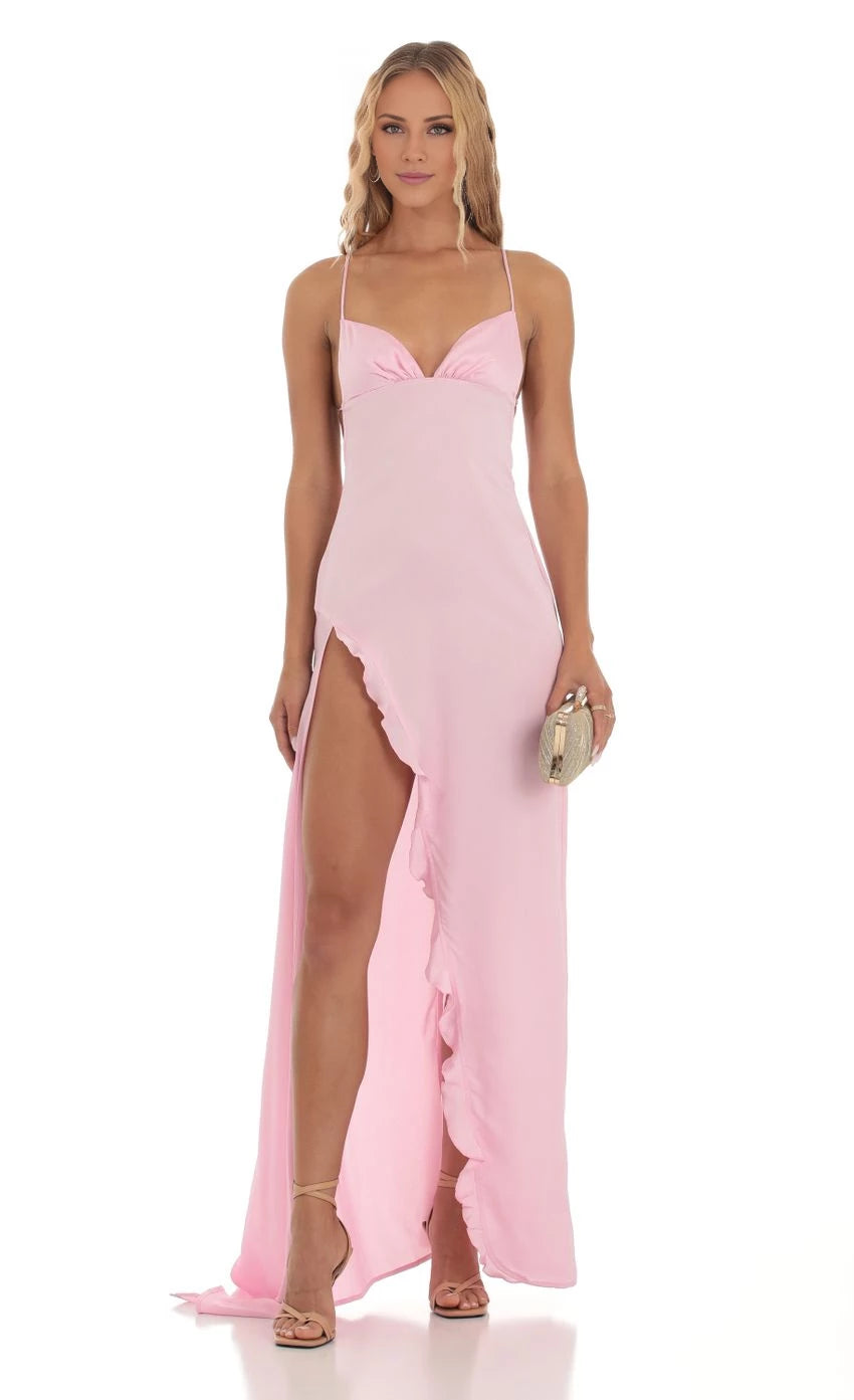 Satin Backless Ruffle Maxi Dress Prom Dresses