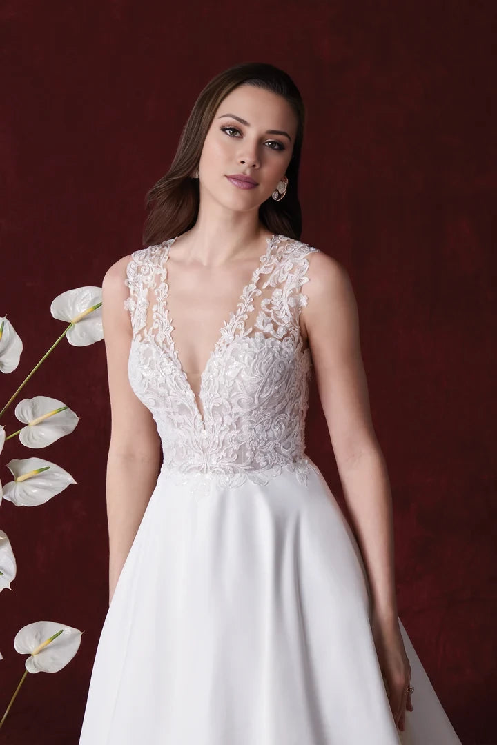 Satin Ball Gown with Plunging V-Neck and Illusion Back Wedding Dresses