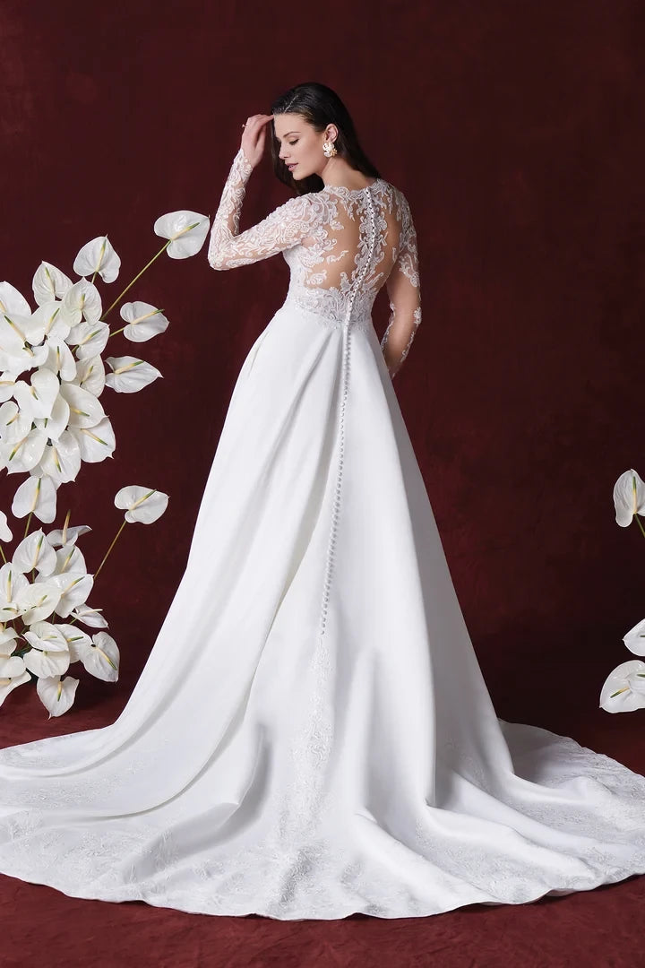 Satin Ball Gown with Plunging V-Neck and Illusion Back Wedding Dresses