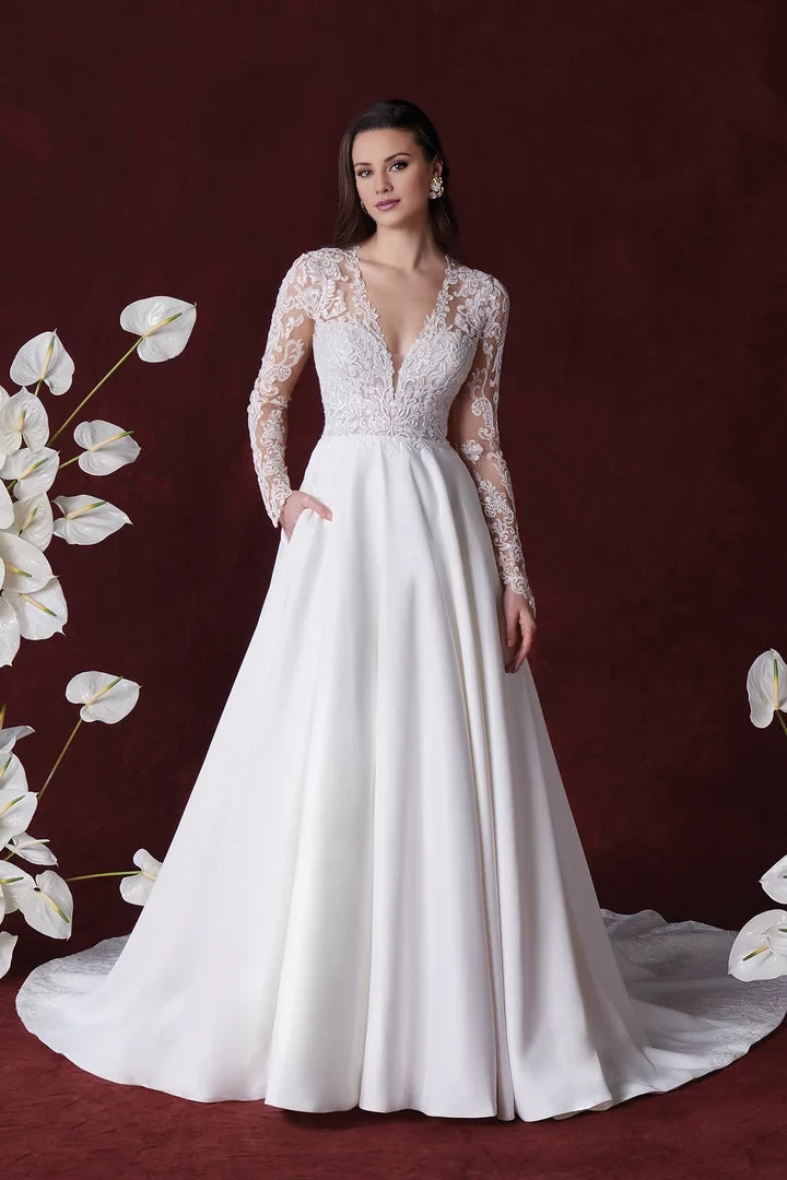 Satin Ball Gown with Plunging V-Neck and Illusion Back Wedding Dresses