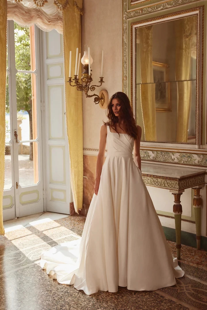 Satin Ball Gown with Square Neckline and Asymmetric Bodice Wedding Dresses