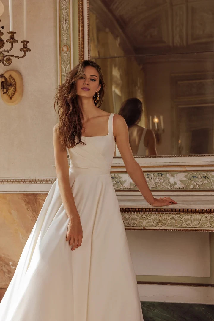 Satin Ball Gown with Square Neckline and Asymmetric Bodice Wedding Dresses