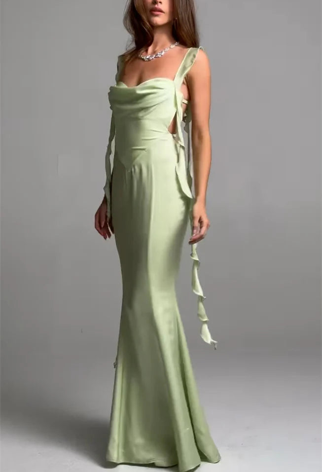 Satin Cowl Neck Evening Dresses with Ruffle Straps, Cutout Waist and Mermaid Skirt Formal Gown