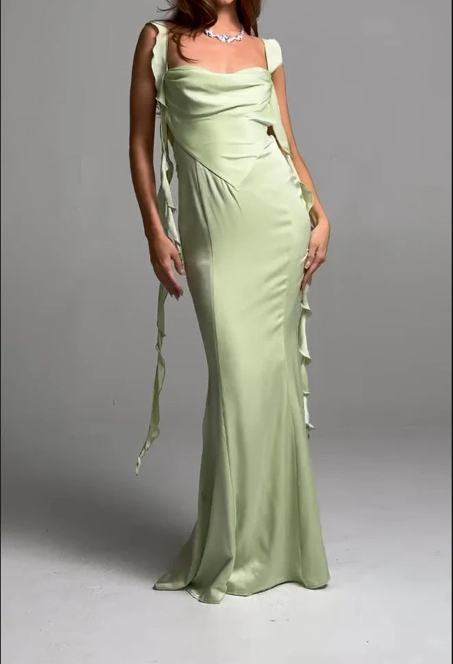Satin Cowl Neck Evening Dresses with Ruffle Straps, Cutout Waist and Mermaid Skirt Formal Gown
