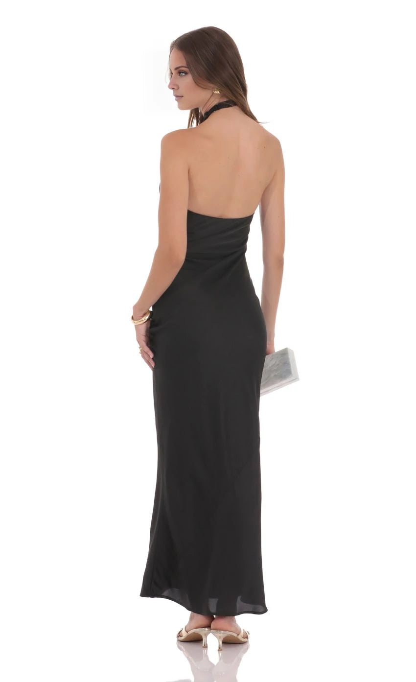 Satin Cross Halter Maxi Dress Prom Dresses