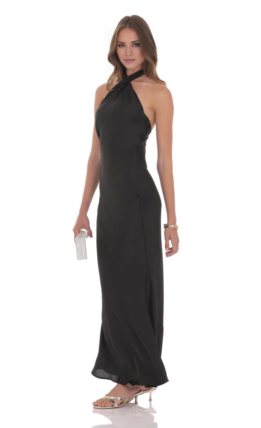Satin Cross Halter Maxi Dress Prom Dresses