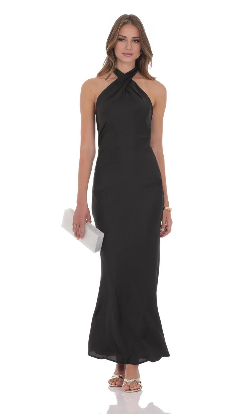 Satin Cross Halter Maxi Dress Prom Dresses