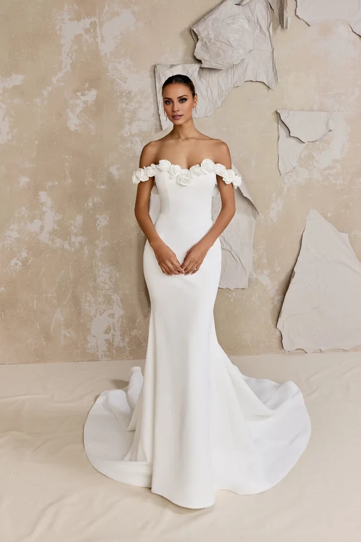 Satin Fit and Flare Gown with Rosette Lined Sweetheart Neckline Wedding Dresses