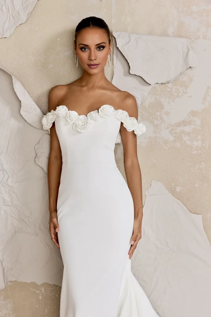 Satin Fit and Flare Gown with Rosette Lined Sweetheart Neckline Wedding Dresses