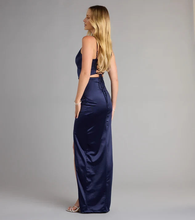 Satin Lace-Up Wrap Slit Formal Dress Prom Dresses