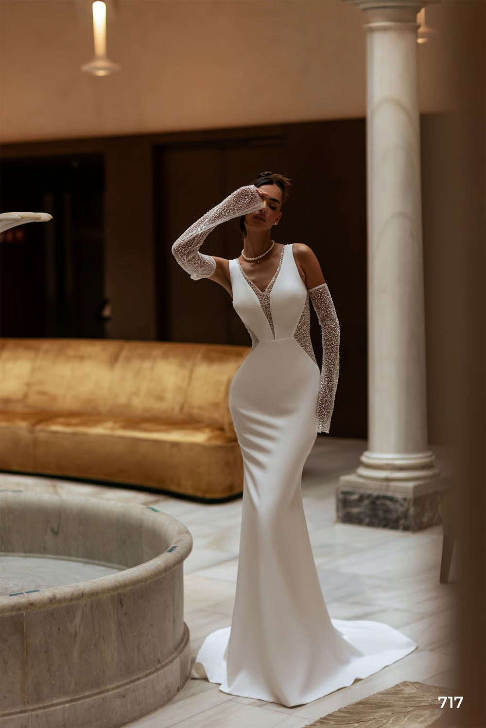 Satin Mermaid Wedding Dress with Sequin Sheer Panels, Deep V-Back and Chapel Train