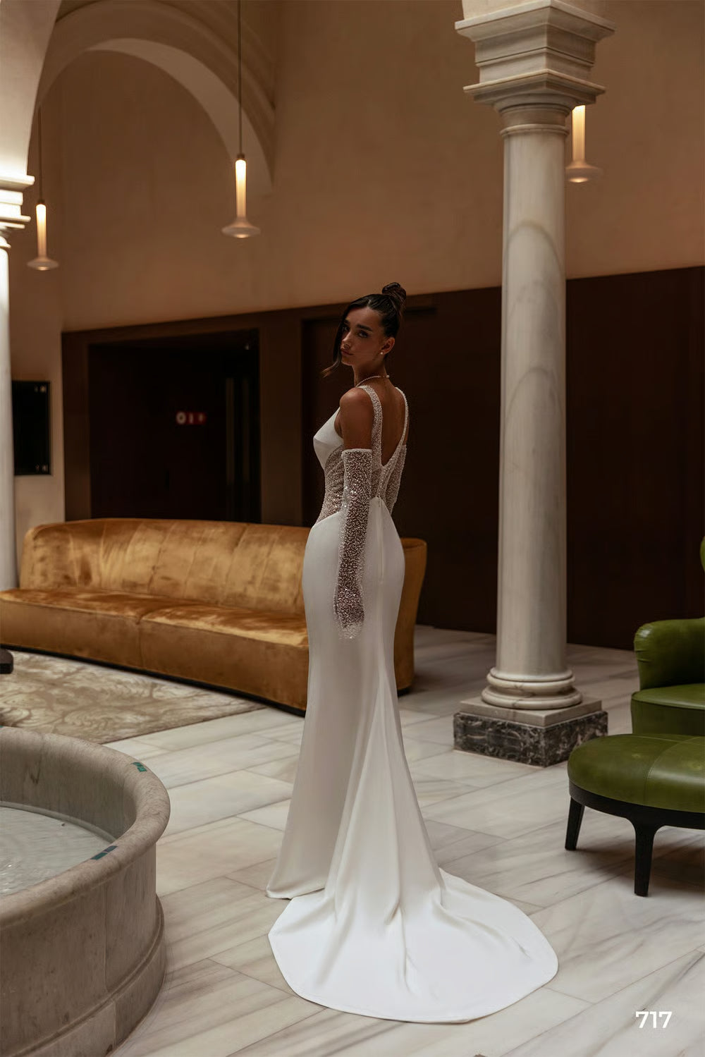 Satin Mermaid Wedding Dress with Sequin Sheer Panels, Deep V-Back and Chapel Train
