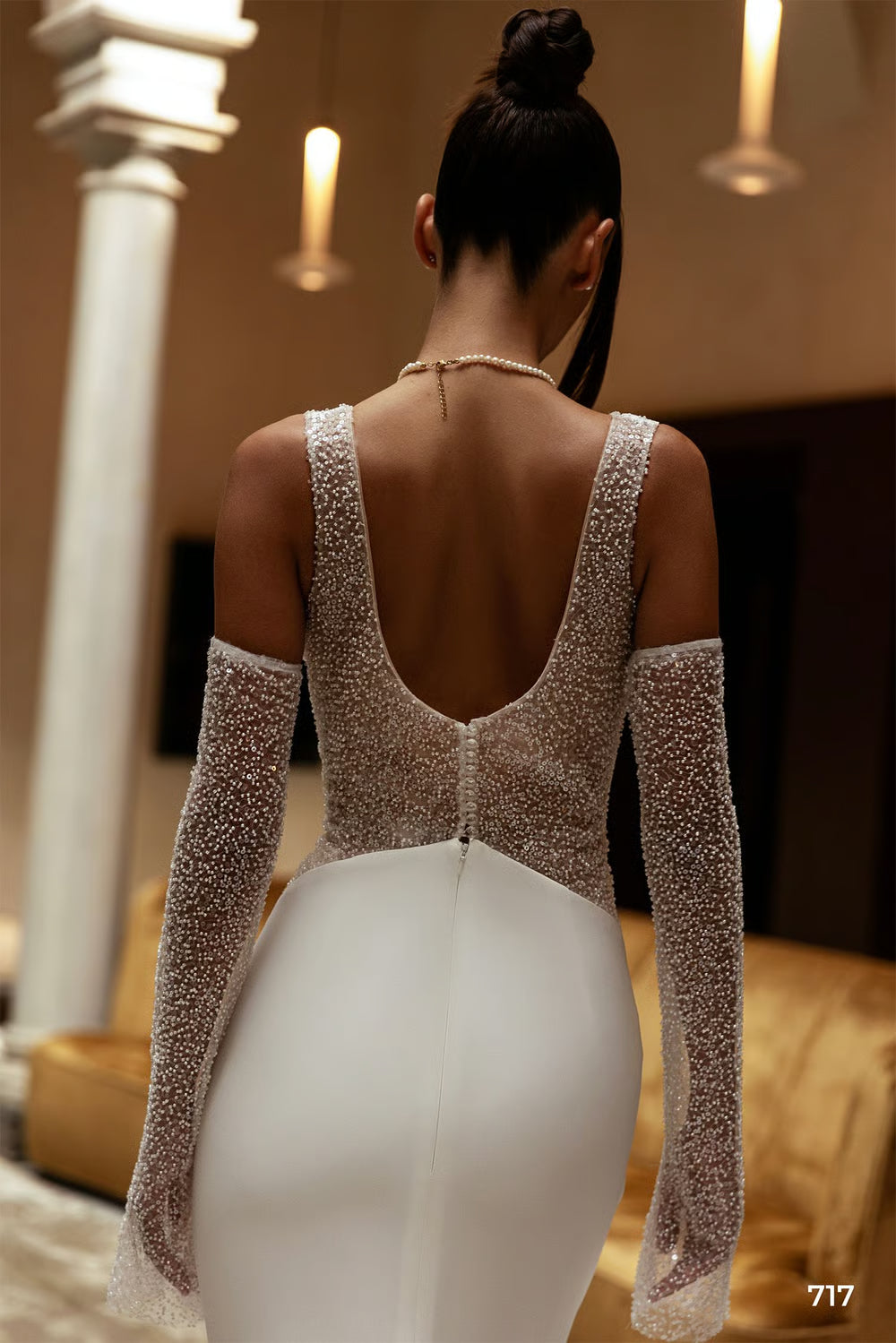 Satin Mermaid Wedding Dress with Sequin Sheer Panels, Deep V-Back and Chapel Train