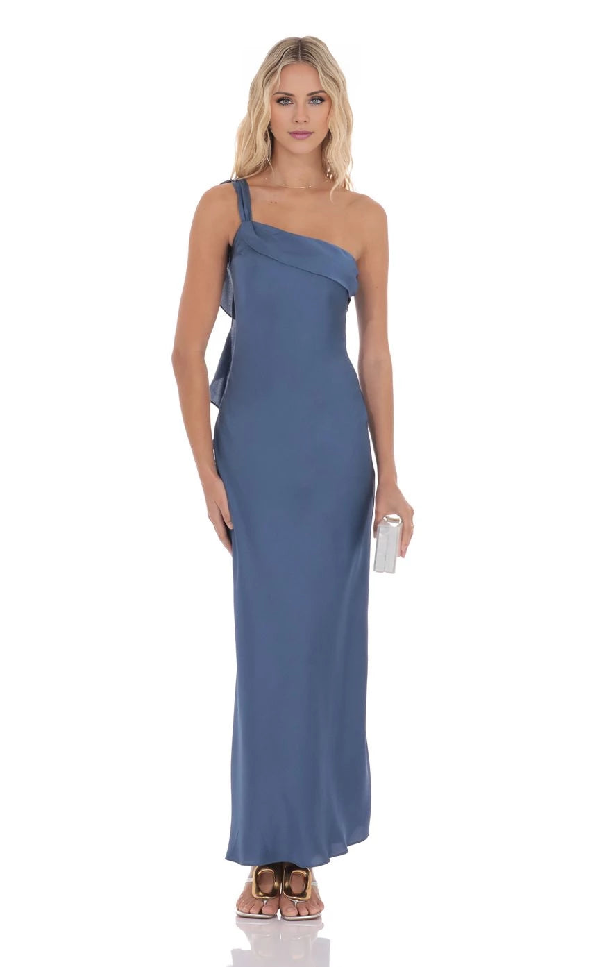 Satin One Shoulder Tassel Maxi Dress  Prom Dresses