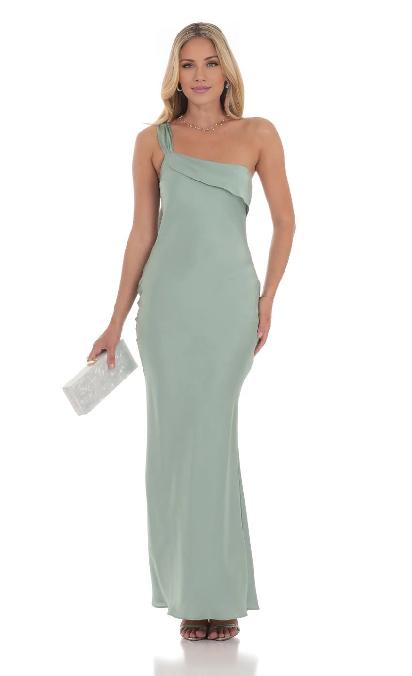 Satin One Shoulder Tassel Maxi Dress  Prom Dresses