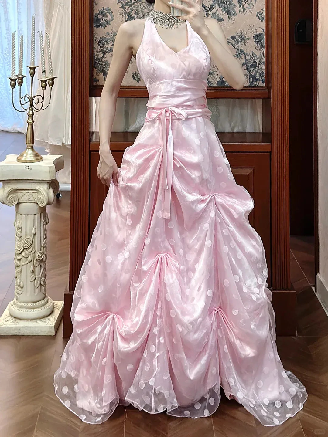 Satin Organza Maxi Dress with Ruched Skirt & Trailing Train