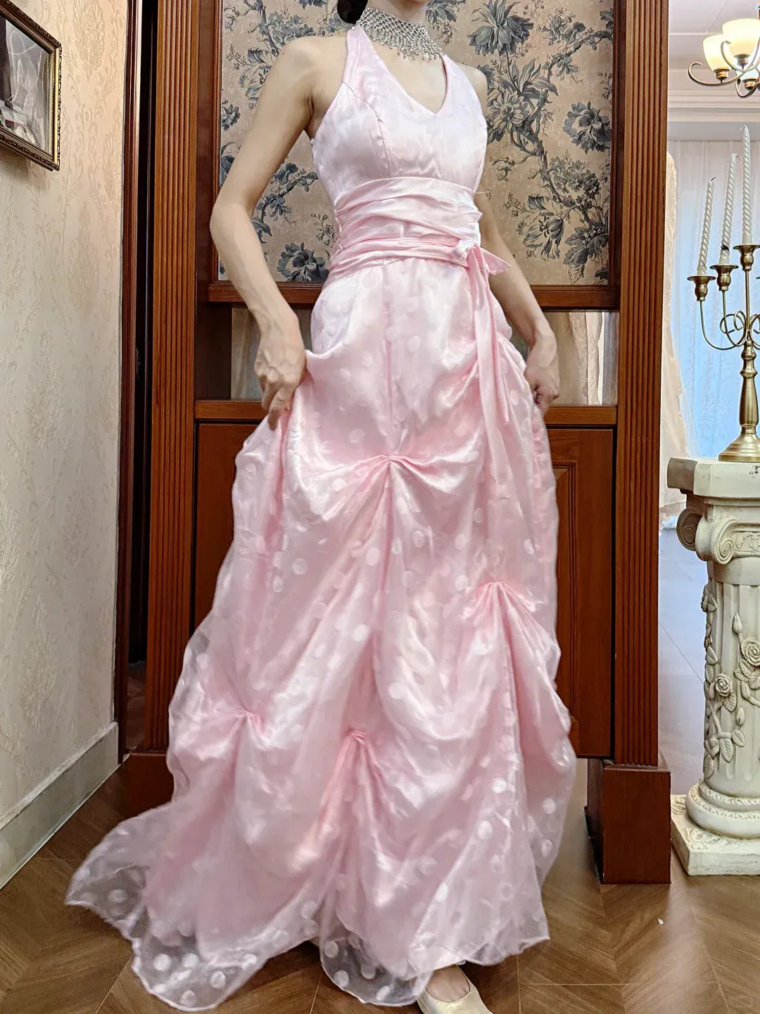 Satin Organza Maxi Dress with Ruched Skirt & Trailing Train