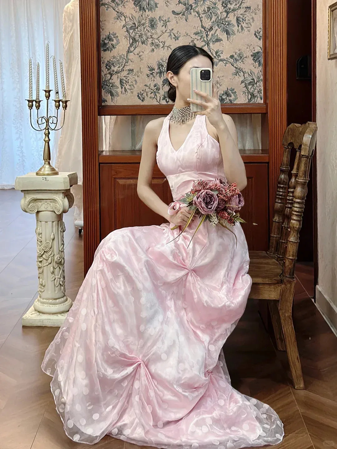 Satin Organza Maxi Dress with Ruched Skirt & Trailing Train
