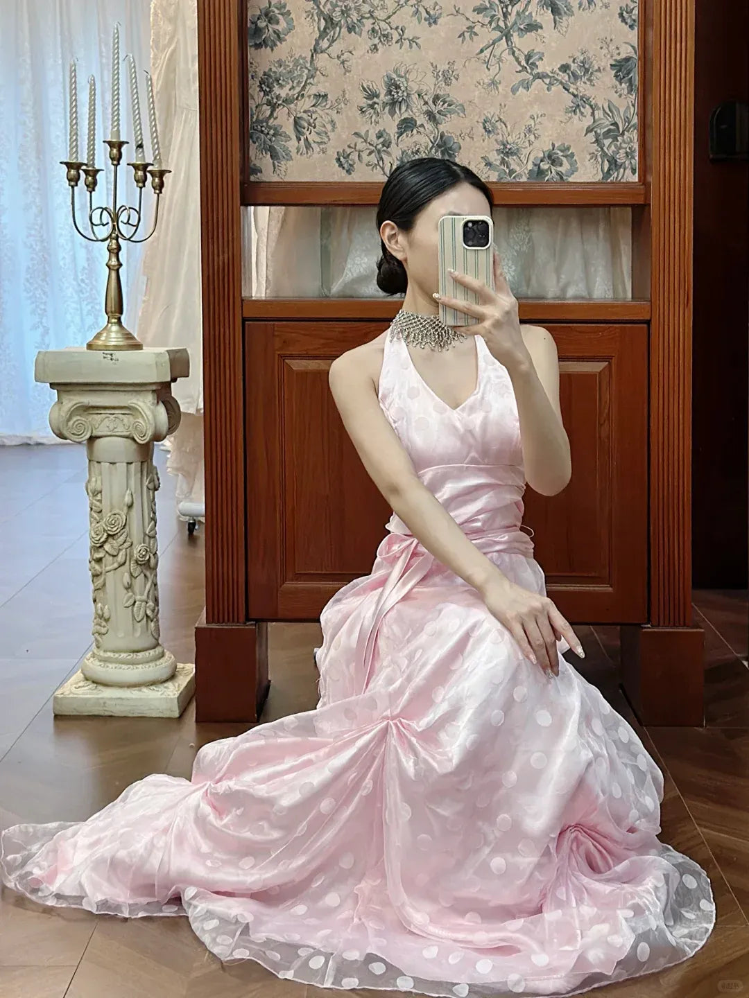 Satin Organza Maxi Dress with Ruched Skirt & Trailing Train