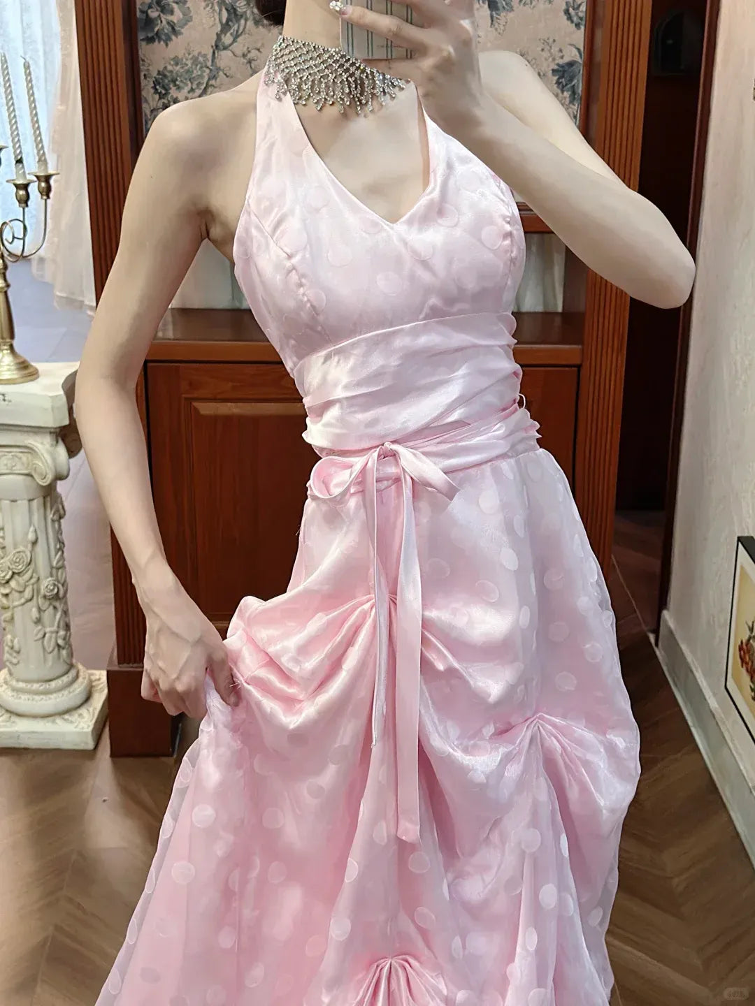 Satin Organza Maxi Dress with Ruched Skirt & Trailing Train