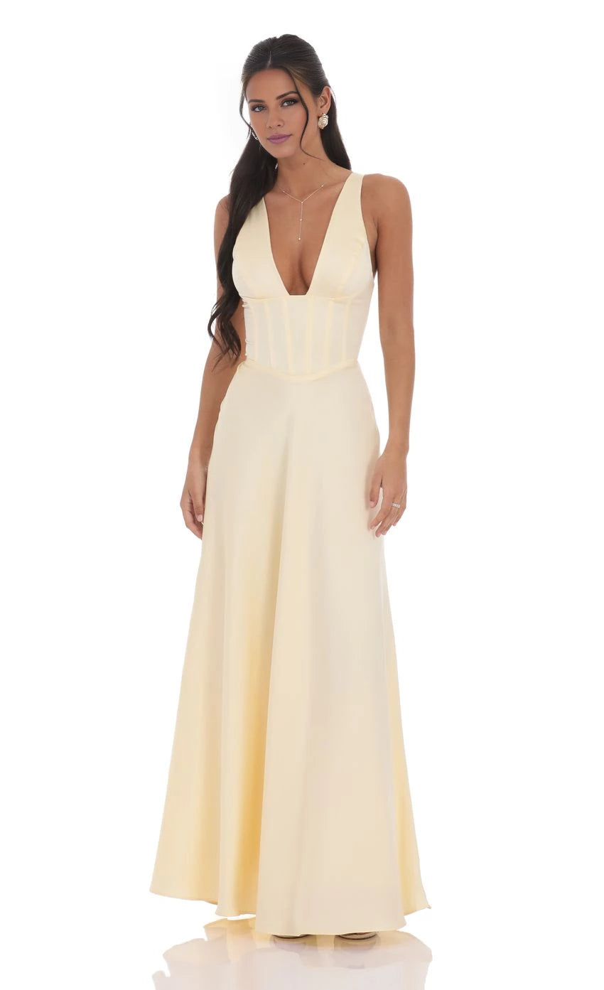 Satin Plunge Neck Corset Maxi Dress Prom Dresses