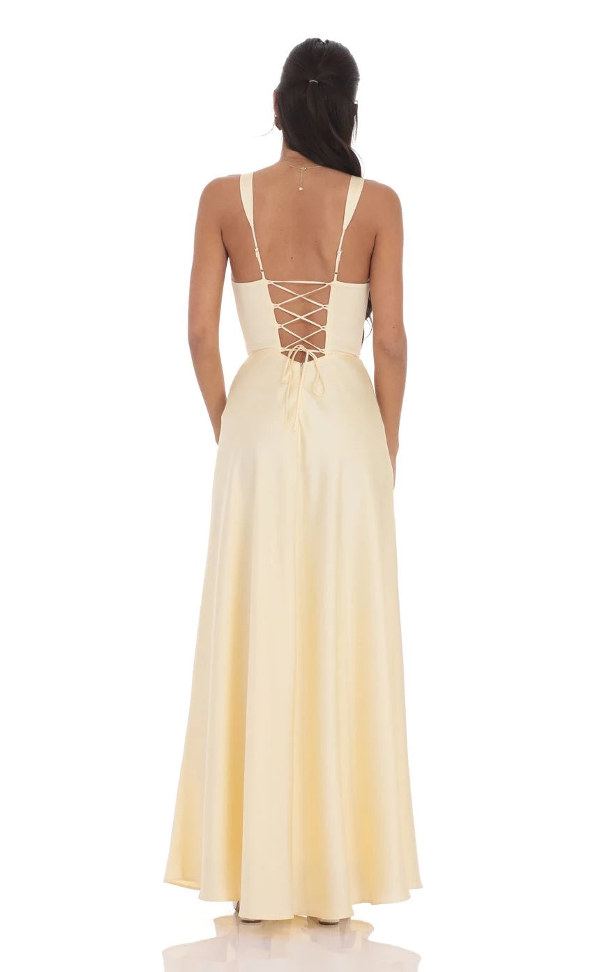 Satin Plunge Neck Corset Maxi Dress Prom Dresses